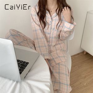 Dames slaap lounge caiyier schattige rastermeisjes pyjama's set Korean herfst winter lange mouw vrije mouw slaapkleding vrouwen los nachtkleding huiskledingpak 220827