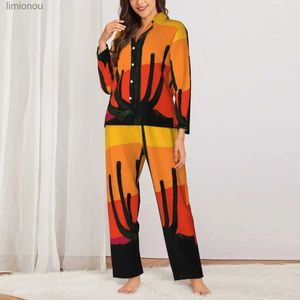 Dames Slaaplounge Cartoon Woestijn Pyjamasets Lente Retro Cactus Zonsondergang Trendy Kamer Nachtkleding Dames 2-delig Informeel Oversized Design Nachtkleding GiftL240122