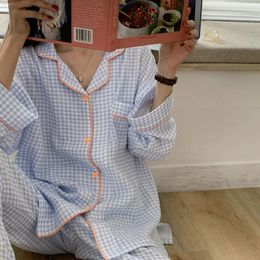 Frauen Schlaf Lounge Baumwolle Pyjamas Koreanische Nachtwäsche Weibliche 2 Stück Set Pijama Plaid Nachtwäsche Herbst Pyjamas Hause Kleidung Loungewear 231208