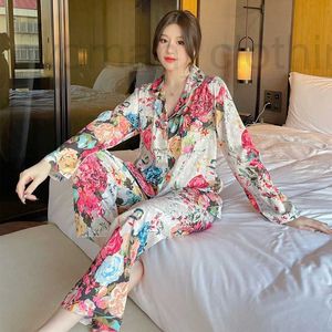 Femmes Sleep Lounge Designer 2023 Nouveau Printemps et Automne Ice Silk Set Ameublement Pyjamas Pantalons à manches longues pour femmes Fleur Mer TL99