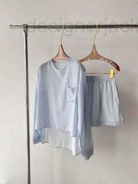 Mujer Sleep Lounge Designer 2023 Primavera/Verano New Fresh Lazy Crepe de Chine Silk Stripe Front Short Back Long Shirt Shorts Set 6YAQ