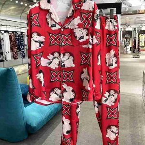 Dames Slaaplounge Designer IJszijde huiskleding heren dames casual overhemden jacquard shirt met lange mouwen broek pyjama mode herenbroek pak WU5F
