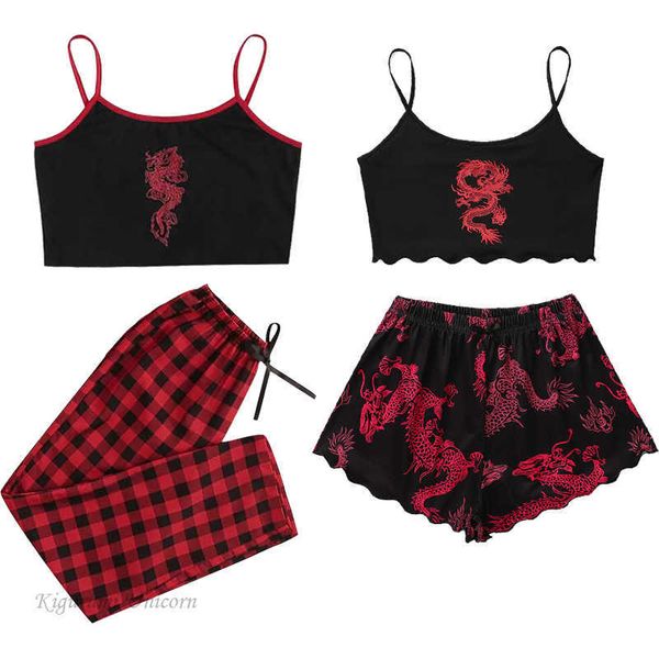 Conjuntos de pijamas de moda para salón de dormir para mujeres Sexy Sling Dragon Animal Print Mujeres Ropa de dormir Ropa interior Ropa interior femenina Ropa de casa Pijama de verano Femme