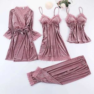 Pijamas de terciopelo para mujer, conjunto de cuatro piezas, ropa de dormir de terciopelo para otoño e invierno, traje de pijama, bata de baño de encaje sexy, camisón suelto, ropa de casa zln231116