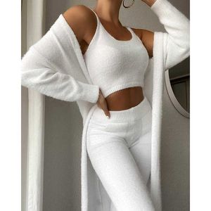 Dames Sleep Lounge Fleece Three Piece Outfits Sexy Backless Crop Tops Women Outfits Matching Set Tops Shorts Coat Suit Party Party Clubwear Pyjama's Set T221017