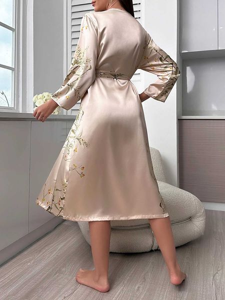 Sleep Sleep Sleep Lounge Floral Print Night Robe Elegant Elegant Long Sleeve V cou Robe avec ceinture pour femmes