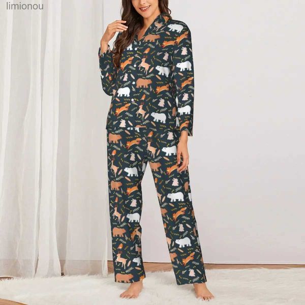 Salón para dormir para mujer Pijamas divertidos con estampado de zorros Lady Woodland Animals Leaf Kaii Dormitorio Ropa de dormir Otoño de dos piezas Retro Conjuntos de pijamas personalizados de gran tamaño L240122