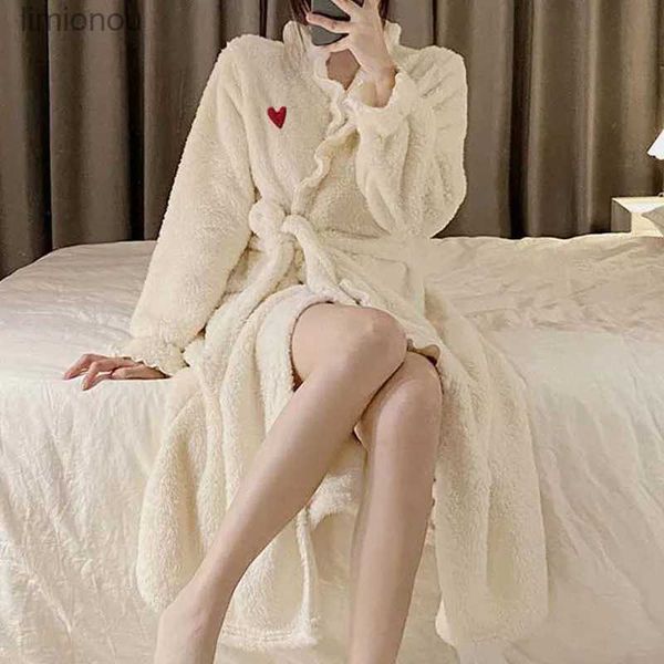 Femmes sommeil salon coeur robe pour femmes ceinture vêtements de nuit chemise de nuit hiver vêtements de nuit pyjama chemise de nuit à manches longues chaud polaire Homewear japonais nouveau L240122