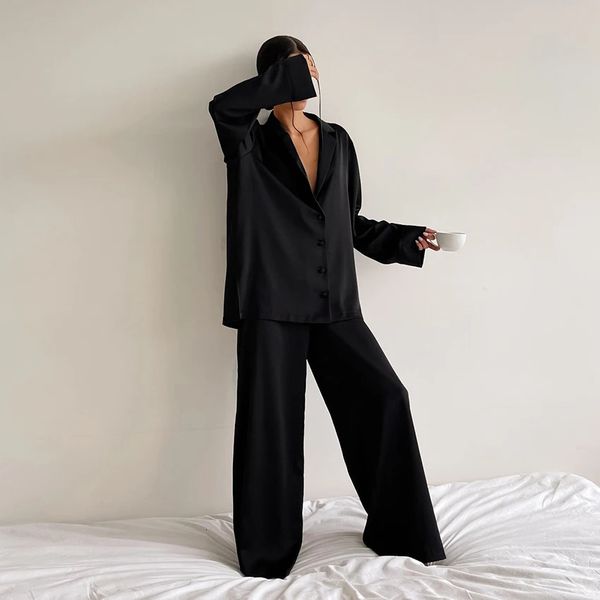 Salon de sommeil pour femmes Hiloc surdimensionné vêtements de nuit en soie satinée coupe basse pyjamas sexy pour femmes simple boutonnage manches longues pantalons à jambes larges costumes de pantalons 231121