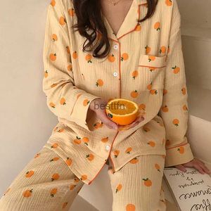 Dames Slaap Lounge Kawaii Katoen Thuis Pak Koreaanse Nachtkleding Oranje Print Pyjama Dames Herfst Pijama Pyjama Lange Mouw Broek 2 Delige Set NachtkledingL231005