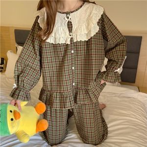 Dames slaap lounge Korean vintage plaid pyjama set vrouwen mode ruche slaapkleding casual mori meisjes uit het kader van huis pak middeleeuwse flare mouw S1025 220827