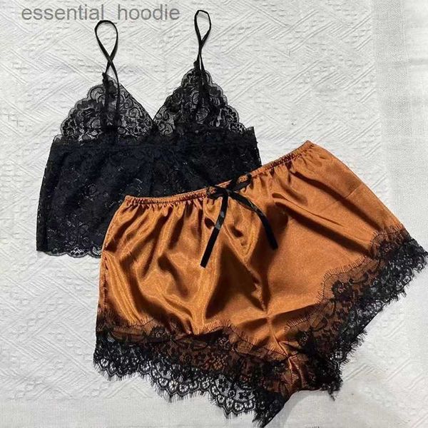 Ensemble de vêtements de nuit en dentelle pour femmes, haut sans manches transparent, short en soie, pyjama, vêtements de nuit S-3XL Fe Lingerie Sleep Wears L231129