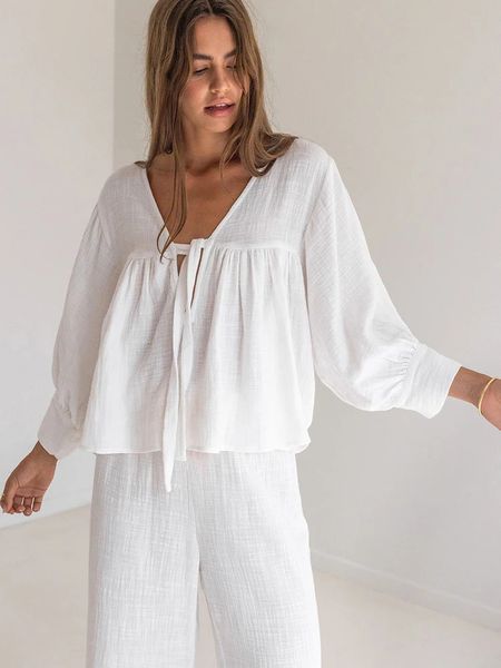 Ensemble de 2 pièces en coton Linad pour femmes, vêtements de nuit, manches trois quarts, col en V, pyjama à lacets, pantalons amples, vêtements de nuit féminins 231208