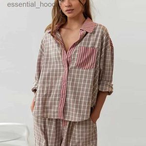 Slaaplounge voor dames Nieuwe herfst damesoverhemd met knoopsluiting en broek met knoopsluiting, lente geruite gestreepte bedrukte lange slee pyjama L231129