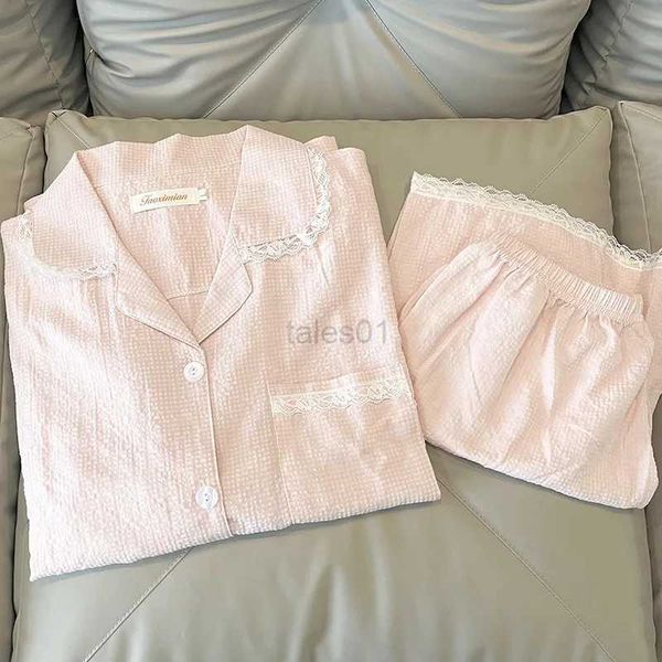 Pyjama rose pour femme, vêtement d'été en coton et lin, Short à manches courtes, Cardigan en dentelle douce, peut être porté à l'extérieur de la maison, zln231115