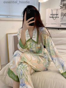 Dames Slaap Lounge Plus Size 5xl Pyjama Set Voor Dames Lente Zomer Ijs Zijde Elegante Print Lange Sle Lange Broek Losse Pyjama Pak Nachtkleding L231129