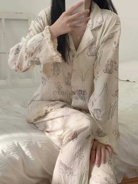 Pyjamas en gaze QWEEK pour femmes Sleep Lounge Kawaii Rabbit Print Pantalon Costumes Style coréen Room Wear Respirant Soft Sleepwear Home and Sleep Clothes HKD230727
