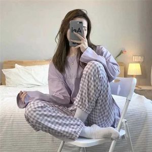 QWEEK Pyjamas pour femmes Nuit d'été Costume à la maison Pyjamas à manches longues Pantalon Couleur unie Grille Pijamas Homewear Vêtements de nuit Vêtements de nuit zln231115