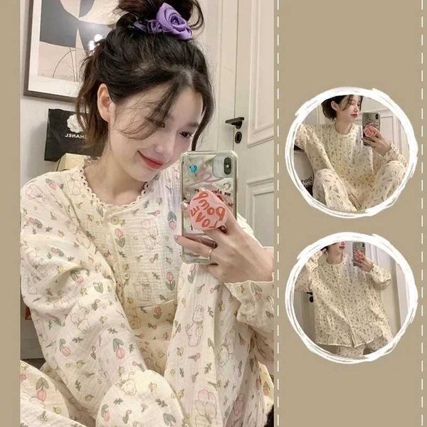 Salón de sueño para mujeres Rubbit Corea Sleepwear Corea Pajama para mujeres Piadías de manga larga Piiama lindos sets de primavera para mujeres 2 piezas Noche vistas para el hogar durmiendo