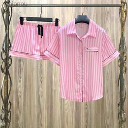 Damen Sleep Lounge Sommer-Pyjama-Sets für Damen, kurze rosa gestreifte Eisseiden-Pyjamas für Damen, Heimanzug, Kleidung, Nachtwäsche-Sets, Großhandel L240122