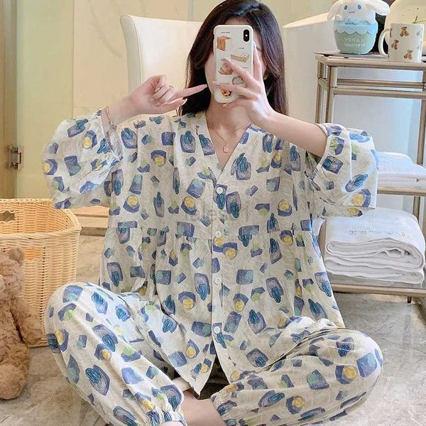 Femmes sommeil salon été printemps japonais vêtements de nuit à manches longues coton soie pyjama costume mince décontracté vêtements de maison femmes filles grande taille pyjama ensembles zln231115