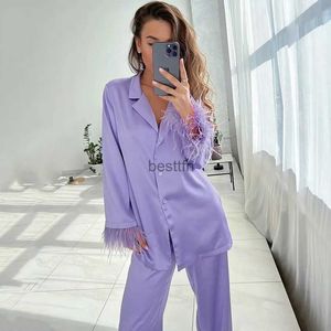 Femmes sommeil salon été femmes pyjamas plumes Satin pyjamas pour femmes ensembles revers épissage vêtements de nuit costume pour femmes simple boutonnage vêtements de nuit L231005