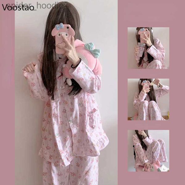 Salotto da notte da donna Dolce stile Lolita Pigiama Set Ragazze Simpatico cartone animato Stampa Homewear Primavera Autunno Donna Harajuku Anime Top Pantaloni Rosa Indumenti da notte L230920