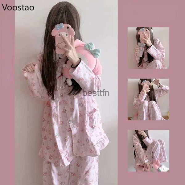 Femmes sommeil salon doux Style Lolita pyjama ensemble filles mignon dessin animé imprimé Homewear printemps automne femmes Harajuku dessus d'anime pantalon rose vêtements de nuit L231005