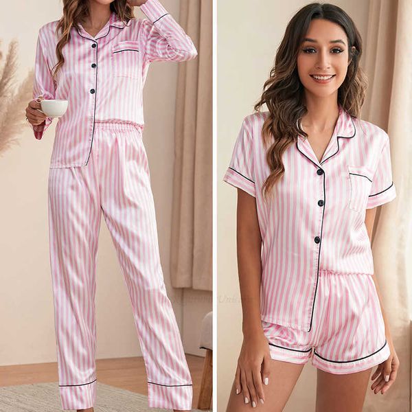 Conjunto de pijamas de dos piezas para mujer Sleep Lounge para mujer Ropa de dormir de seda satinada a rayas rosadas Pijamas Conjuntos de pantalones cortos Summer Spring Loungewear Ropa para el hogar