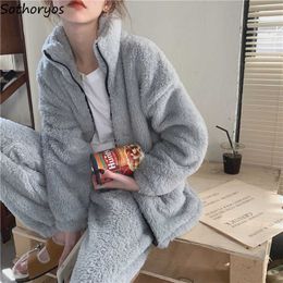 Dames Slapen Lounge Winter Flanel Pyjama Sets Dames Losse Rits Thermisch Eenvoudig Pluizig Homewear Zacht Comfortabel Chique Nachtkleding Tender Harajuku Ins T221017