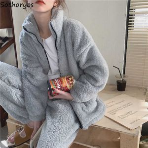 Dames Sleep Lounge Winter Flanel Pyjama Sets vrouwen losse rits thermisch eenvoudige pluizige huiskleding zacht comfortabel chique nachtwear tedere Harajuku Ins T221017