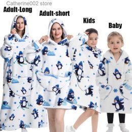 Dames slaap lounge winter oversized hoodies familie sweatshirt schattige cartoon pinguïn super lange deken met capuchon flanellen gigantische luie tv -deken pyjama's t231024