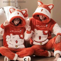 Frauen Schlaf Lounge Winter Verdicken Paare Pyjamas Sets Nachtwäsche Erwachsene Cartoon Katze Kaii Frauen Männer Anime Pyjamas Koreanische Hoodie anzüge Nachthemd L231129