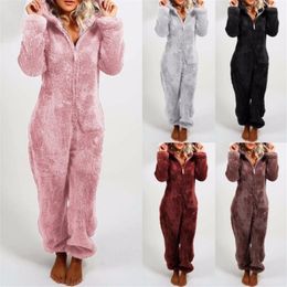 Vrouwen Slaap Lounge Winter Warme Pyjama Onesies Pluizige Fleece Jumpsuits Nachtkleding Overall Capuchon Sets Pyjama Voor Volwassenen- 230106