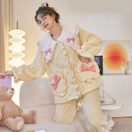 Pijama de mujer para dormir, ropa de dormir de lana Coral gruesa y bonita, ropa de dormir para otoño e invierno, novedad de 2024, conjunto de ropa de casa de franela, traje de estar en casa para mujer, Pijama zln231115