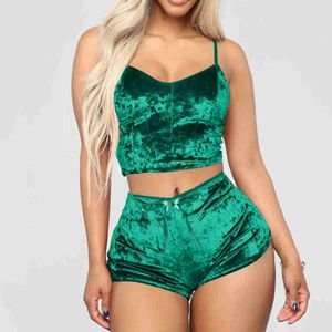 Dames Slaaplounge Dames 2-delige set Fluwelen nachtkleding Sexy spaghettibandjes Shorts Pyjamapak Dames Casual Feestset Trui Elastische taille FullL231005