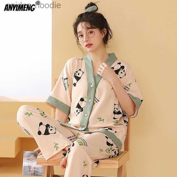 Mulheres Sleep Lounge Mulheres Roupas M-5XL Verão Algodão Panda Pijama Casual Manga Curta Kimono Cardigan Pijamas Cartoon Nightwear Mulher Loungewear L230920