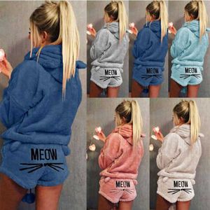 Dames slaap lounge vrouwen koraal fluweel pyjama's set herfst winter warme pyjama's tweedelige set slaapkleding schattige kat meow patroon hoodies shorts set t221017