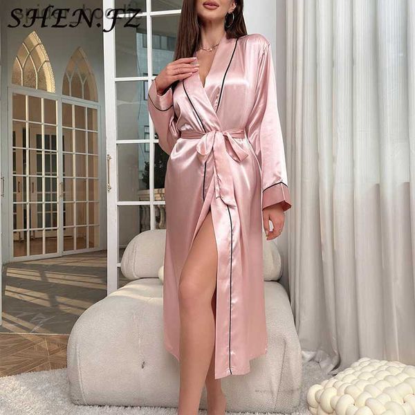 Women's Sleep Lounge Pyjama Long en Soie Glace Robe de Chambre d'été Mince Chemise de Nuit à la Mode Simple Loungewear Femmes Sexy Cardigan Peignoir L230920