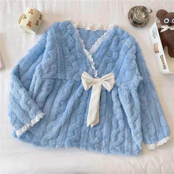 Conjuntos de pijamas de invierno para dormir para mujer, ropa de dormir cálida Ins acogedora a la moda con cuello en V, adorable estilo Preppy, lazo coreano dulce