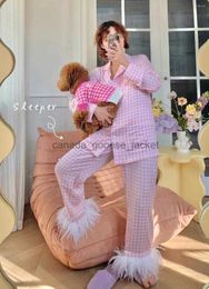 Damen-Schlaflounge-Damen-Nachtwäsche 2023 langärmeliger Straußfeder-Pyjama für Damen, Luxus-Hauskleidung, rosa kariert, L230913