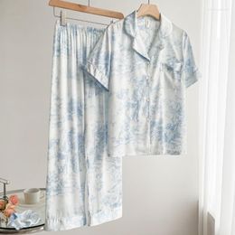 Mujer Dormir Salón Ropa De Dormir para Mujer Conjunto De Pijamas Traje Mujer Satén De Seda De Hielo Camisa De Manga Corta Pantalón PJS Ropa De Hogar Pijamas con Estampado De Verano Trajes De Dormir Lencería