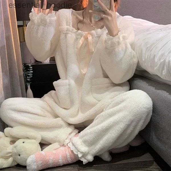 Women's Sleep Lounge Conjunto de pijamas de felpa de invierno para mujer, blanco, dulce, estilo coreano, otoño, invierno, cálido y polar, ropa de descanso, ropa para el hogar, ropa de dormir, traje L231129