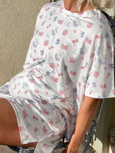 Damesslaaplounge Dames YK-stuk Bloemenpyjama Set Oversized shirt met korte mouwen Zijsplit Shorts Nachtkleding
