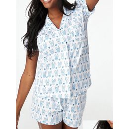 Women'S Sleep Lounge Pijamas Lindos De Conejo Rodillo para Mujer Y2K Mono Impresión Prefabricada Conjunto De Pijama De 2 Piezas Camisa De Manga Corta Pj Otzew