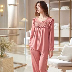 Women's Sleep Lounge Ensembles de pyjama à col rond pour femmes Princesse dentelle Lady Ensemble de pyjamas en modal doux Big Yards M-3XL Vêtements de nuit Vêtements de nuit zln231116