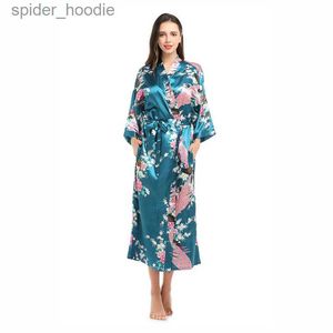 Slaaplounge voor dames Zijdesatijn Kimono-gewaden voor dames Lange nachtkleding Kamerjas Bloemenpauw Gedrukt patroon Feest Bruiloft Bruidsmeisje Badjas L230920