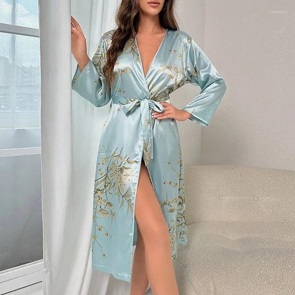 Lounge de sommeil pour femmes pour femmes Lady Elegant Nightwear Ice Ice Silk Robe Long Manche Kimono Gown Spring Summer Bathrobe Imprimé intime Lingerie