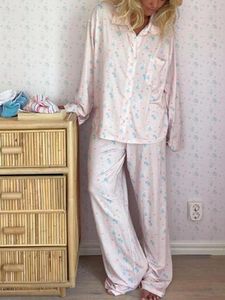 Dames slaapkleding 1 stuk bedrukte pama set voor vrouwen schattige aardbeien bloemen fruitpatroon shirt broek broek button outfits loungewear