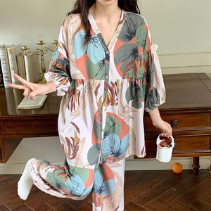 Floral Cotton Pajamas Set for Women, Soft Kimono Style 2-Piece Sleepwear